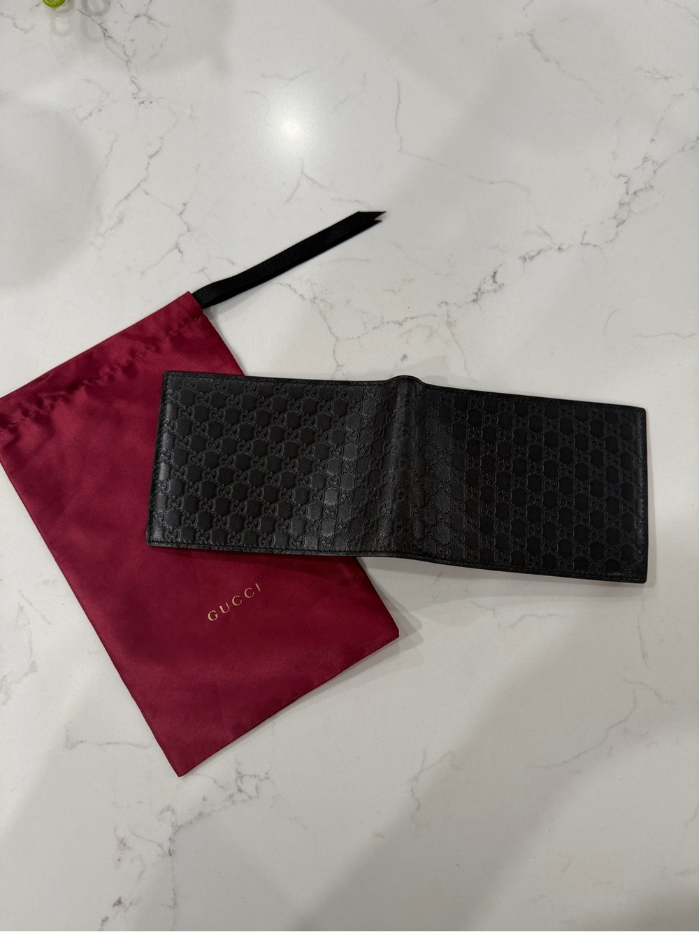 Gucci Black Embossed GG Leather Bifold Wallet with Burgundy Dust Bag